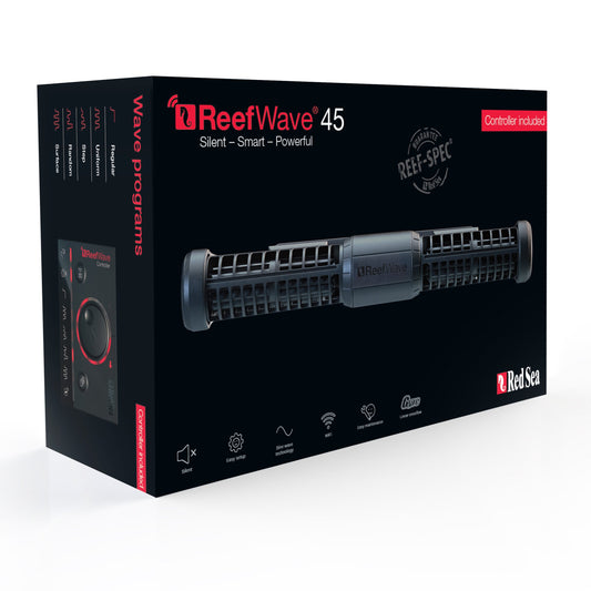 Product packaging box for Red Sea ReefWave 45 Gyre Pump with an image of the pump on the front.