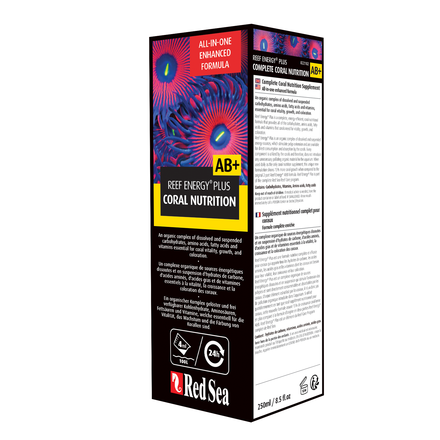 A product packaging of Red Sea Reef Energy Plus, a liquid coral nutrition supplement.