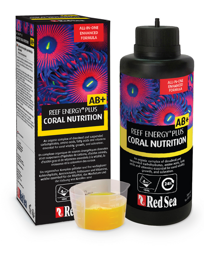 A product image showing a bottle of Red Sea Reef Energy Plus coral nutrition liquid and its packaging box.