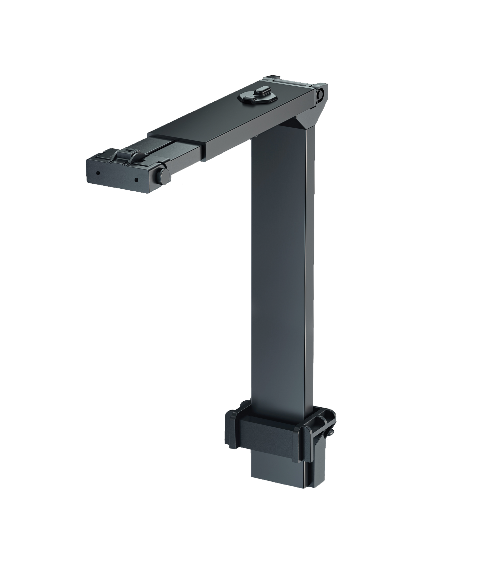 Black metal mounting bracket for an aquarium light, with adjustable features and a central attachment point.