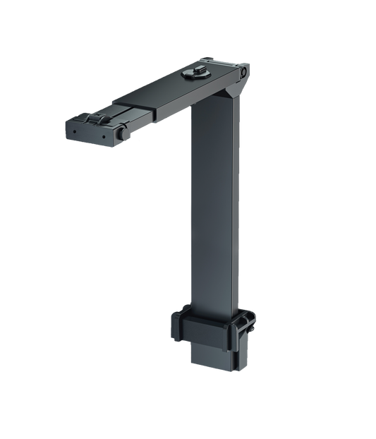 Black metal mounting bracket for an aquarium light, with adjustable features and a central attachment point.