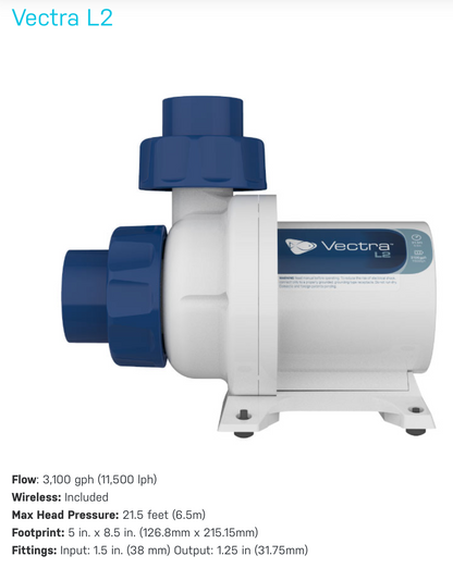 An Ecotech Vectra L2 aquarium pump with blue fittings against a white background.