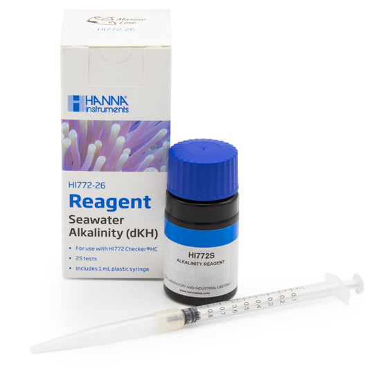 A product image featuring a Hanna Marine Alkalinity Checker HC Reagent bottle, packaging box, and a measuring syringe.