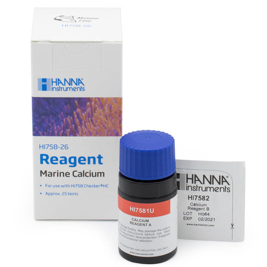A product image featuring a Hanna Instruments marine calcium reagent kit, including a bottle with a blue cap and a box with branding and product information.