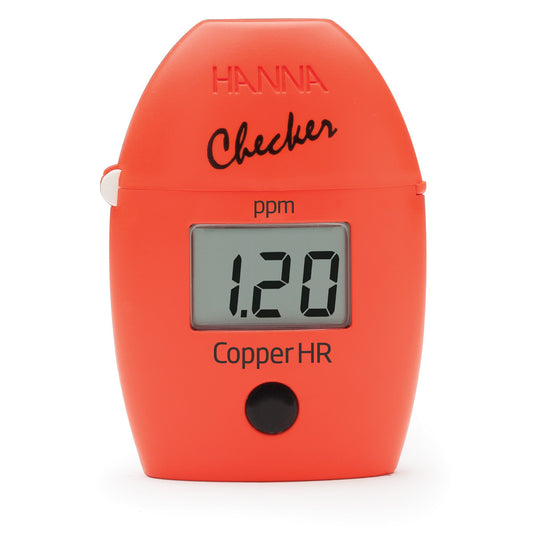 A handheld digital colorimeter with a digital display showing copper levels in ppm, branded Hanna Checker.