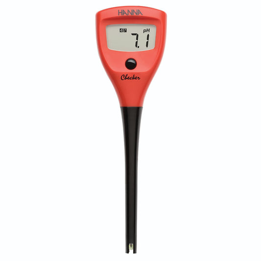 A Hanna brand pH tester with a digital display showing a pH level, predominantly red in color with a black probe.