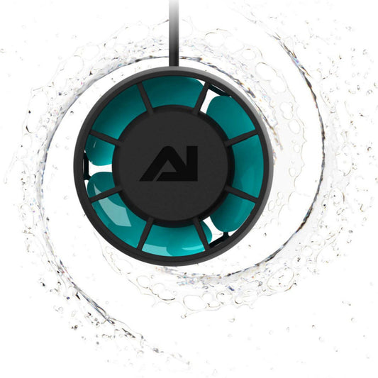 A black and teal colored AI Nero 5 Pump with water splashing around it, indicating its use for circulation or filtration.