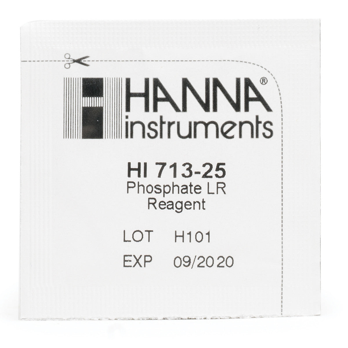 A packet of Hanna Instruments Phosphate LR reagent with product code HI 713-25, batch lot number H101, and expiration date marked as 09/2020.