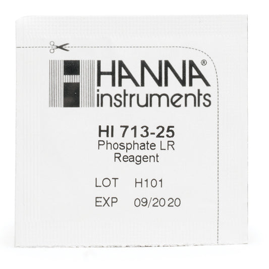 A packet of Hanna Instruments Phosphate LR reagent with product code HI 713-25, batch lot number H101, and expiration date marked as 09/2020.