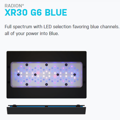 An image showing the Radion G6 XR30 Blue LED light, which has a full spectrum with LED selection favoring blue channels. The product appears as a rectangular panel with numerous blue-toned LED lights.