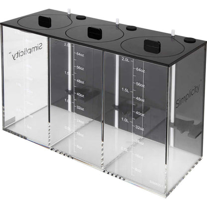 Simplicity clear and black acrylic dosing container with liter and ounce measurements on the side