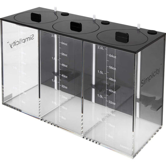 Simplicity clear and black acrylic dosing container with liter and ounce measurements on the side