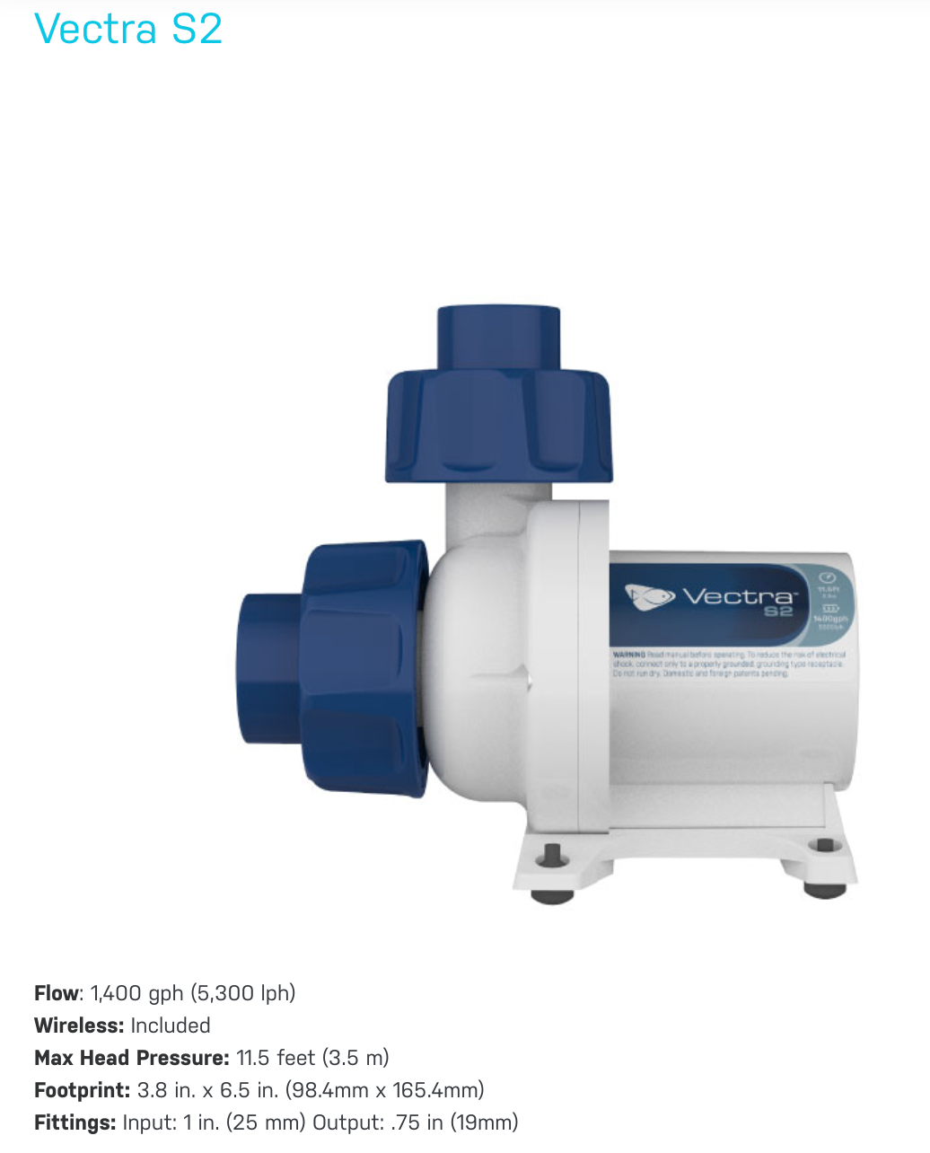 An Ecotech Vectra S2 water pump for aquariums, showing the front view with blue knobs and a white body.